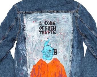 Handpainted Unique Denim Jacket - A Code of Such Tenets Inspired Casual Jacket | Inspired Cosplay Casual in Men and Women Sizes