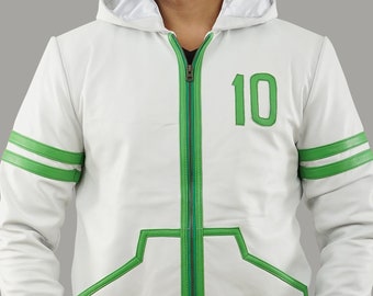 Handgemaakt geïnspireerd 10 Omni groen en wit leren jack met capuchon | Cosplaykostuum tien witte hoodie | Heren- en damesmaten