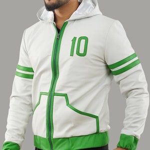 Limited Sale | Handmade Inspired 10 Omni Green and White Hooded Leather Jacket | Cosplay Costume Ten White Hoodie | Men Sizes