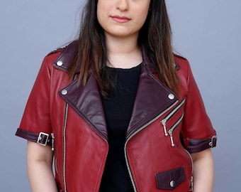 Chaqueta de cuero roja para cosplay de Aerith Gainsborough, inspirada en el Final VII, hecha a mano para mujer.