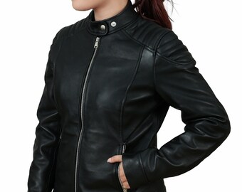 Womens Genuine Lambskin Leather Biker Slim fit Designer Motorcycle Jacket Outdoor Casual Gift for her