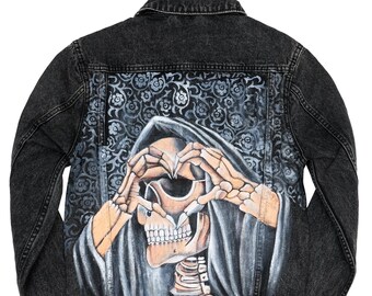 Handpainted Grim Reaper Heart Denim Jacket | Inspired Cosplay Casual Black Jacket in Men and Women Sizes