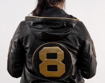 Handmade 8 Ball Leather Jacket | David Puddy Inspired 8 Ball Bomber Hooded Jacket in Black and Golden Color in Men and Women Sizes