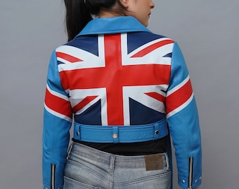 Handmade Inspired Fighter 6 Blue Leather Cosplay | Cosplay Costume Leather Jacket | UK Flag Crop Top | Men and Women Size Available