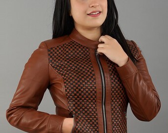 Handmade Womens Quilted Patterned Brown Leather Jacket | Brown Cafe Real Leather Jacket