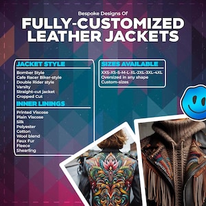 May include: Two fully customized leather jackets. The jacket on the left has a colorful floral design on the back. The jacket on the right is brown with fringe trim. The text on the image reads "Bespoke Designs Of Fully-Customized Leather Jackets".