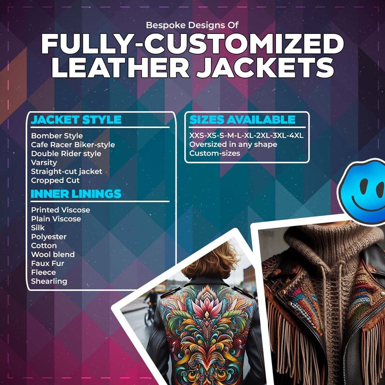 May include: Two fully customized leather jackets. The jacket on the left has a colorful floral design on the back. The jacket on the right is brown with fringe trim. The text on the image reads "Bespoke Designs Of Fully-Customized Leather Jackets".