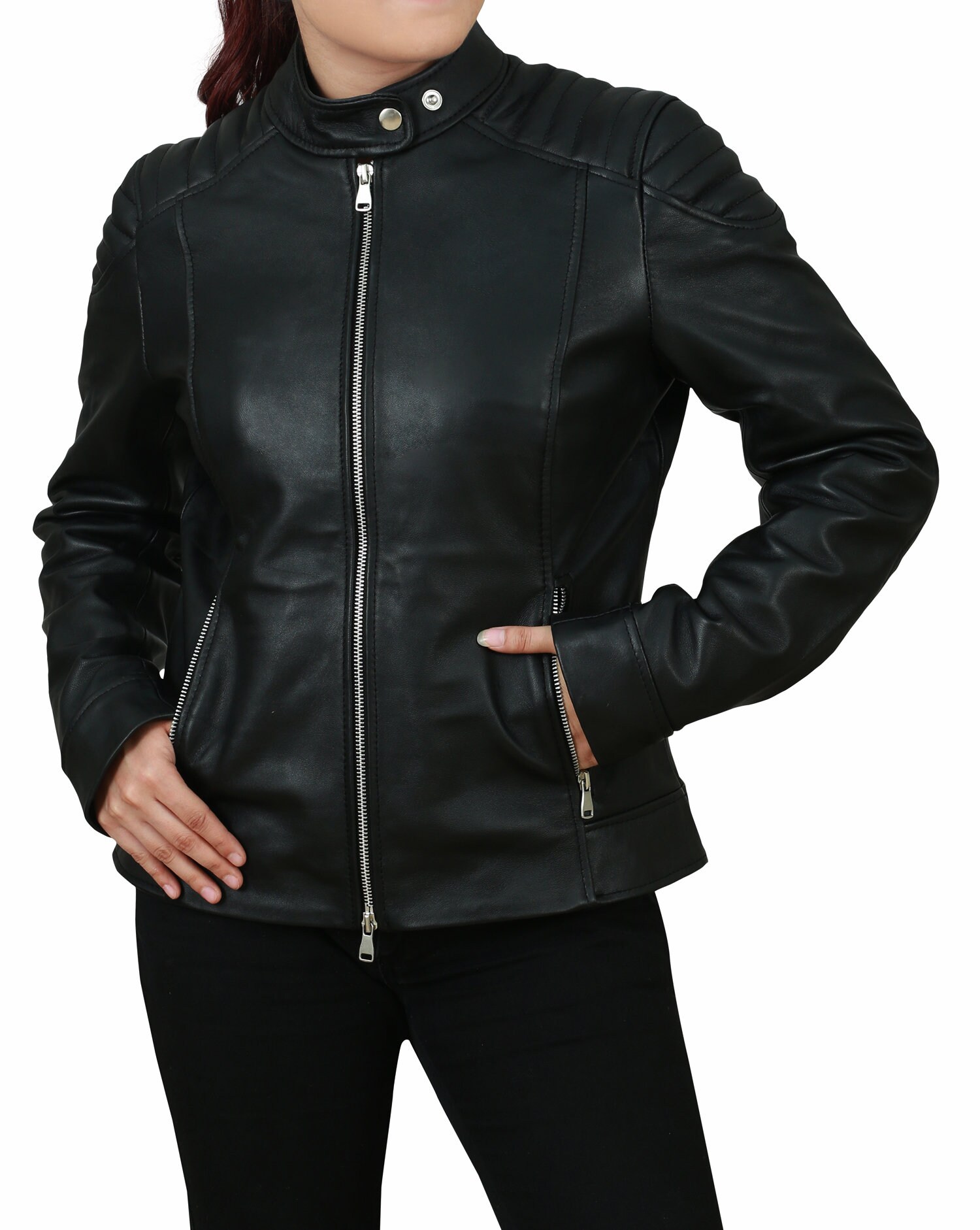 Giacca in pelle NERA da donna, giacca in pelle da motociclista slim fit e corta, giacca da motociclista con bolero corto in pelle di pecora, giacca corta nera - Italia