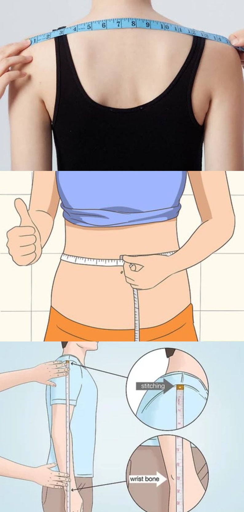 May include: A diagram showing how to measure different parts of the body for clothing. The diagram shows a person measuring their shoulder width, waist circumference, and sleeve length.