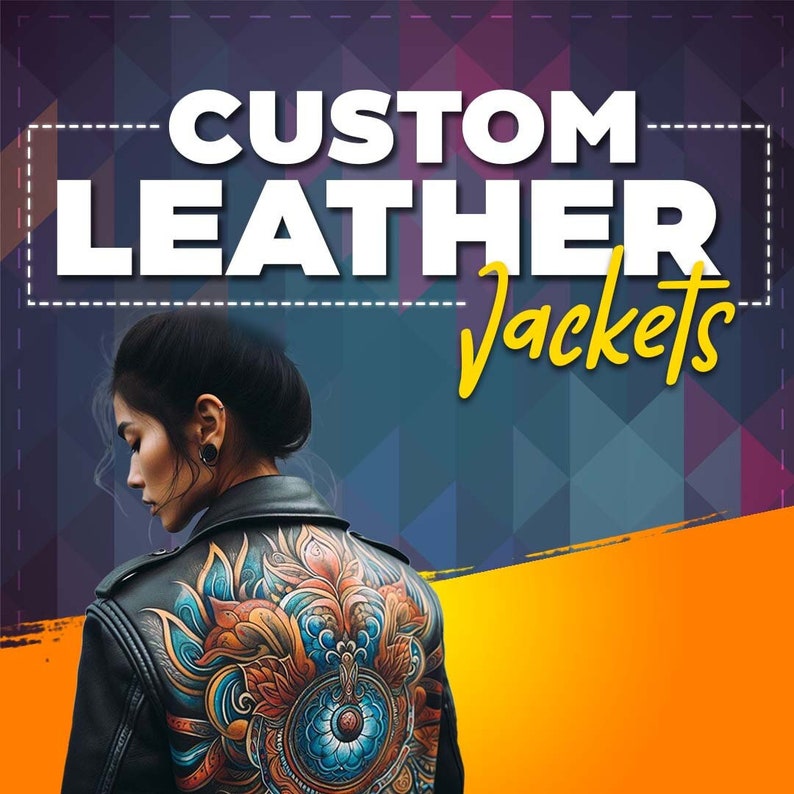 May include: A black leather jacket with a colorful mandala design painted on the back. The jacket is worn by a person with dark hair and a black earring. The text "CUSTOM LEATHER Jackets" is displayed in yellow on a purple and blue background.