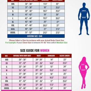 May include: Size chart for clothing with measurements in inches. The chart includes sizes XXS to XXXXL for both men and women. The chart shows the measurements for chest, bust, waist, shoulder, and sleeve length.