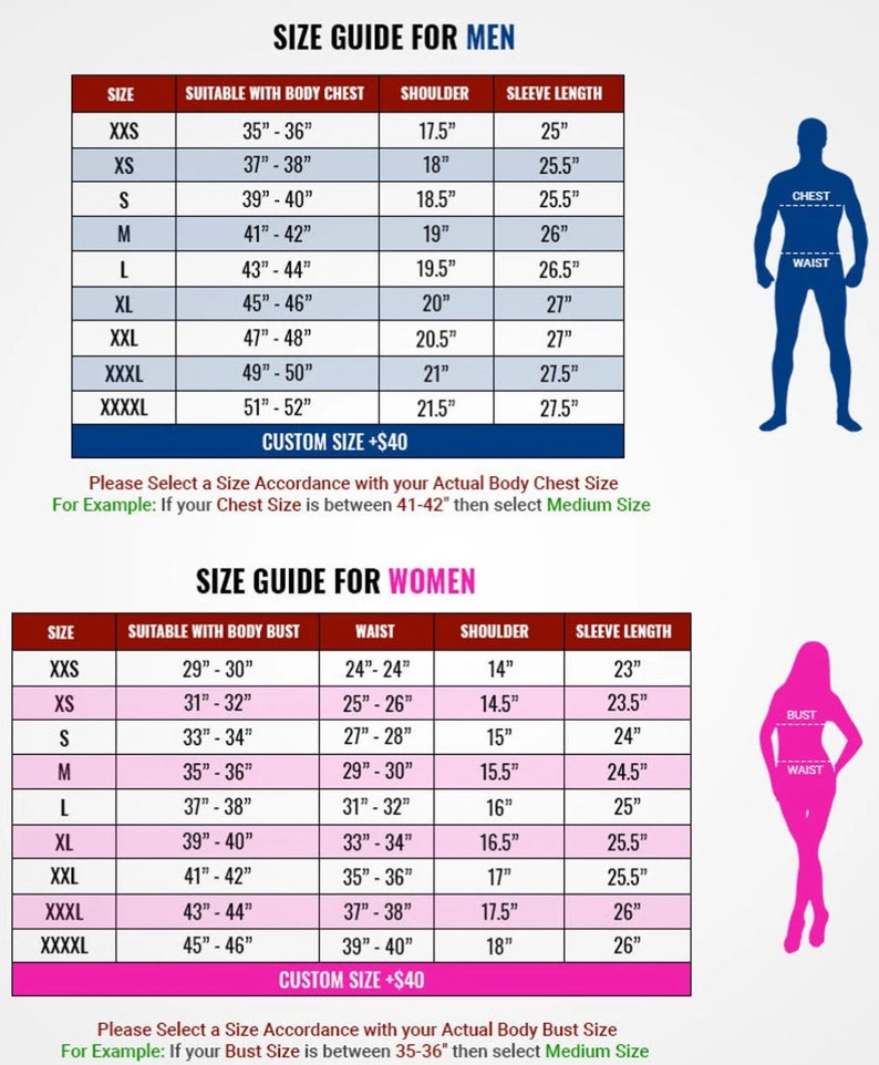 May include: Size chart for clothing with measurements in inches. The chart includes sizes XXS to XXXXL for both men and women. The chart shows the measurements for chest, bust, waist, shoulder, and sleeve length.
