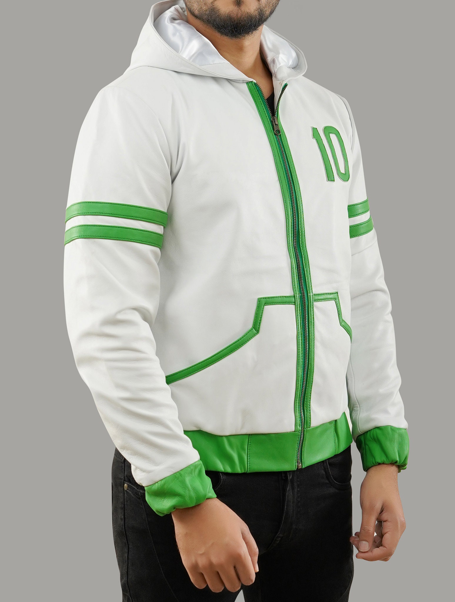 Handmade Inspired Ben 10 Omniverse Green and White Hooded Leather