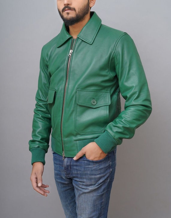 Mens Green Bomber Leather Jacket