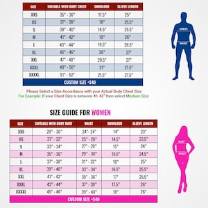 May include: Size chart for clothing with measurements in inches. The chart shows the size, suitable body chest or bust, waist, shoulder, and sleeve length. The chart is divided into two sections: one for men and one for women. The chart includes sizes from XXS to XXXXL.