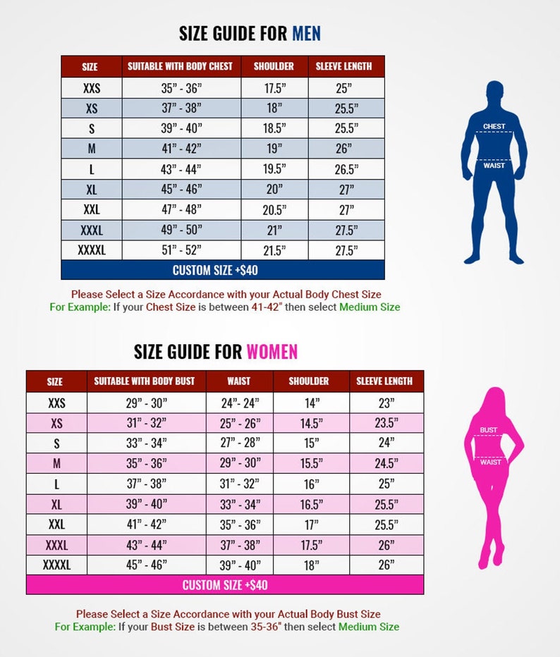 May include: Size chart for clothing with measurements in inches. The chart shows the size, suitable body chest or bust, waist, shoulder, and sleeve length. The chart is divided into two sections: one for men and one for women. The chart includes sizes from XXS to XXXXL.