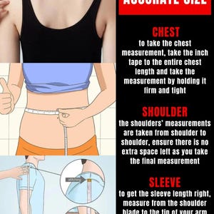 May include: Diagram showing how to measure chest, shoulder, and sleeve length for accurate sizing. The illustration uses a measuring tape to demonstrate the correct placement for each measurement.