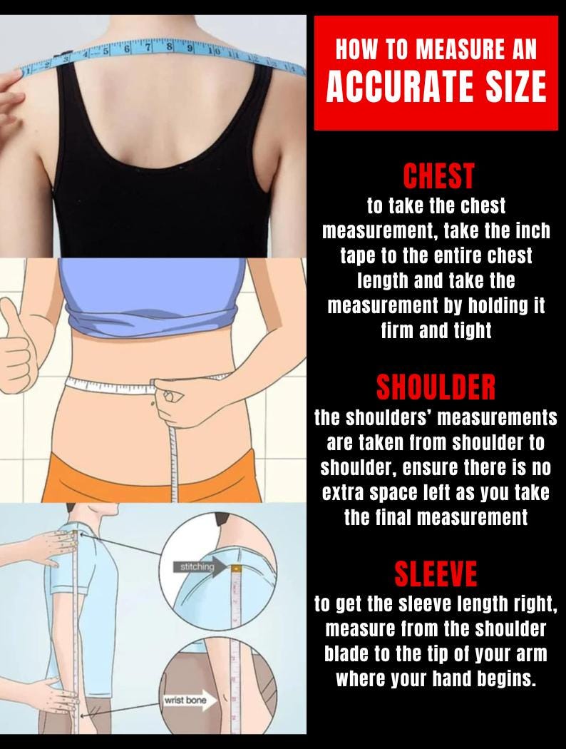 May include: Diagram showing how to measure chest, shoulder, and sleeve length for accurate sizing. The illustration uses a measuring tape to demonstrate the correct placement for each measurement.