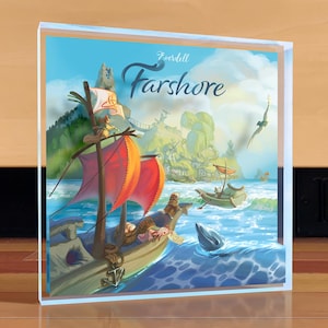 May include: A board game box with a fantasy illustration of a sailing ship with red sails, a dolphin, and the text "Everdell Farshore" against a blue sky and sea. The box is encased in a clear acrylic block.