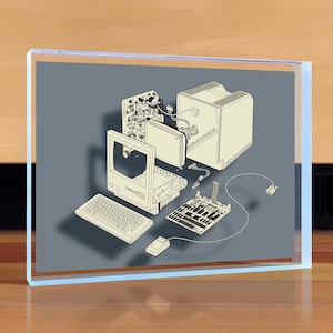 以下が含まれることがあります： ヴィンテージコンピューターを分解した線画イラスト。コンピューターは薄いグレーで黒の線で描かれています。パーツにはモニター、キーボード、マザーボード、プリンターが含まれています。イラストはグレーの背景です。