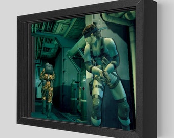 May include: A green and black video game character with a bandana and a gun, standing in a dark, industrial setting. Another character in a camouflage uniform is walking away in the background.