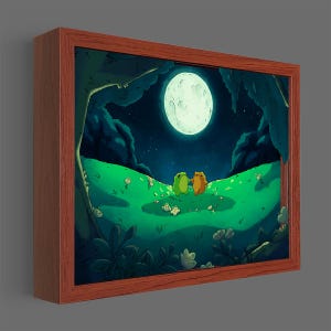 Peut inclure: Une impression d'art encadrée représentant une illustration fantaisiste de deux personnages de dessins animés, l'un vert et l'autre orange, assis sur une colline herbeuse sous la pleine lune. L'œuvre est située dans une forêt sombre et luxuriante avec un ciel étoilé.