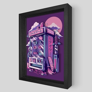May include: Framed art print featuring a retro arcade game machine illustration. The artwork is in a vibrant purple and pink color scheme, with Japanese text and a sword design. The print is encased in a black frame.