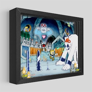 Può includere: Un'opera d'arte 3D incorniciata con una scena di un videogioco. L'opera raffigura personaggi dei cartoni animati in un ambiente innevato con uno schema di colori blu e bianco. La cornice è nera.