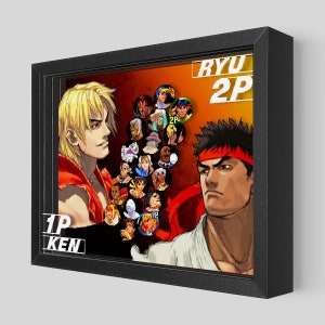 May include: A digital illustration of a video game character selection screen. The screen features two characters, Ryu and Ken, from the Street Fighter video game series. The characters are facing each other, and the screen is filled with a variety of other characters from the game.