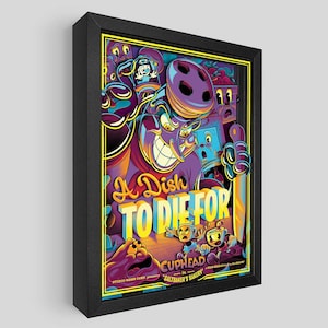 Può includere: Stampa artistica incorniciata con una vivace illustrazione a cartoni animati. Il testo "A Dish to Die For" e "Cuphead in Saltbaker's Bakery" è visibile. L'opera d'arte presenta vari personaggi colorati in una composizione dinamica, incorniciata in nero.
