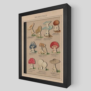 Peut inclure: Une impression encadrée présentant des illustrations fantaisistes de diverses espèces de champignons, chacune avec une apparence mignonne et de style dessin animé. L'impression comprend le mot "MUSHLINGS" en haut et des noms comme "Chantrelle" et "Penny Bun". Le cadre est noir.