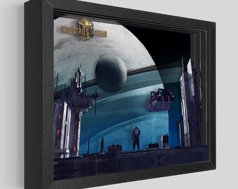 May include: Framed artwork depicting a futuristic city scene with a planet and spacecraft. The artwork has a dark colour palette and the text "INDUSTRIES OF TITAN". The scene includes tall buildings and a figure on a platform.
