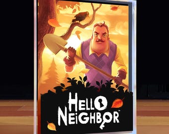 Może przedstawiać: Oprawiony wydruk z logo i grafiką gry "Hello Neighbor". Obraz przedstawia mężczyznę z wąsami trzymającego łopatę, z ptakiem na gałęzi. Tło ma jesienny motyw.