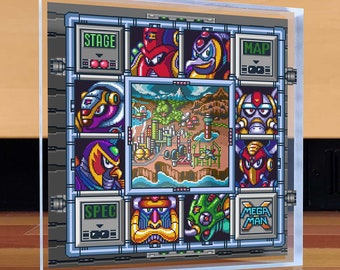 May include: A pixelated image of a video game map with a blue and green background. The map shows a city with buildings and roads. The map is surrounded by eight different robot characters, each with a unique design and color scheme. The text "MEGA MAN" is displayed in the bottom right corner.