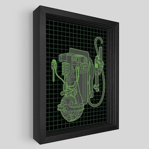 Può includere: Una stampa incorniciata nera con un disegno a linea verde di una trappola per fantasmi su uno sfondo a griglia nero e verde.