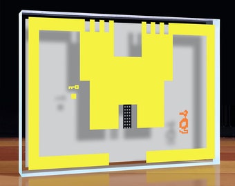 May include: A yellow pixelated castle with a black door and a small orange pixelated figure standing in front of it. The castle is surrounded by a white background.