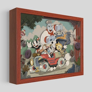 Può includere: Un'opera d'arte tridimensionale incorniciata con personaggi dei cartoni animati in una scena stravagante. L'opera raffigura un'auto rossa con la scritta "Delicious Fresh" sul lato, guidata da un personaggio sorridente.