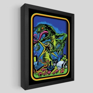 May include: A framed illustration of a green monster with a long tongue emerging from a video game cartridge. The monster is surrounded by retro video game controllers, a game console, and mushrooms.