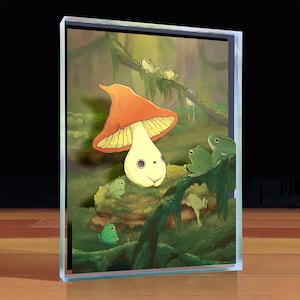 Peut inclure: Illustration encadrée d'un personnage champignon fantaisiste avec un chapeau rouge et un visage souriant, entouré de grenouilles vertes sur des branches moussues. L'œuvre a un thème forestier avec une palette de couleurs vert clair et marron.