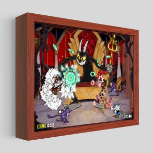 Può includere: Uno screenshot di un videogioco che mostra uno scontro con un boss in stile cartone animato. Il boss è un demone nero con le corna e un ampio sorriso, seduto su un trono. Il personaggio del giocatore, Cuphead, sta combattendo il boss con una nuvola di fumo bianco alle sue spalle. Il boss è circondato da esplosioni di energia rossa e verde. Il testo "HP: 3" è visibile nell'angolo in basso a sinistra dello schermo.