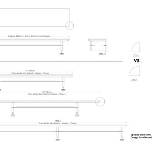 May include: Line drawing of a desk with different dimensions. The desk is available in 3 sizes: 714 mm, 1219.2 mm, and 1834.0 mm. The desk is made of walnut, maple, and cherry wood. The text "Con-Mode Sein Walnut | Maple | Cherry" is written below each desk. The text "Special order only" is written below the last desk. The text "Design for 40in and 72in width desktop" is written below the text "Special order only".