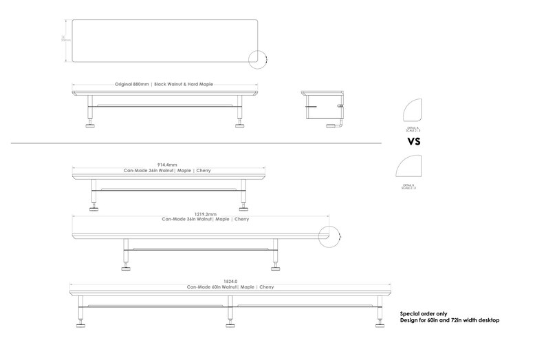 May include: Line drawing of a desk with different dimensions. The desk is available in 3 sizes: 714 mm, 1219.2 mm, and 1834.0 mm. The desk is made of walnut, maple, and cherry wood. The text "Con-Mode Sein Walnut | Maple | Cherry" is written below each desk. The text "Special order only" is written below the last desk. The text "Design for 40in and 72in width desktop" is written below the text "Special order only".