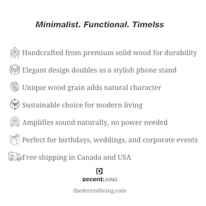 May include: A wooden phone stand with a minimalist design. The stand is handcrafted from solid wood and features a unique wood grain. It is a sustainable choice for modern living and amplifies sound naturally. The stand is perfect for birthdays, weddings, and corporate events. Free shipping in Canada and USA.