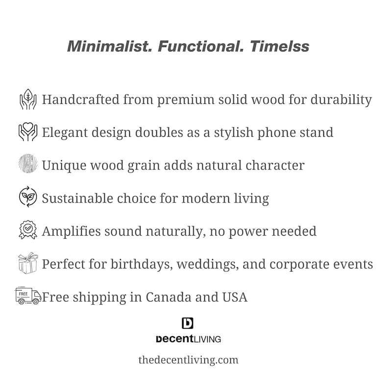 May include: A wooden phone stand with a minimalist design. The stand is handcrafted from solid wood and features a unique wood grain. It is a sustainable choice for modern living and amplifies sound naturally. The stand is perfect for birthdays, weddings, and corporate events. Free shipping in Canada and USA.