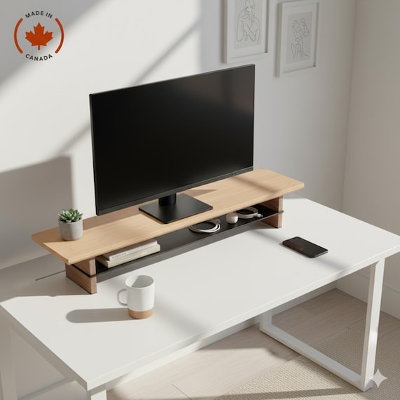 Handcrafted Wooden Monitor Stand Riser: Walnut, Maple, or Cherry Desk Organizer