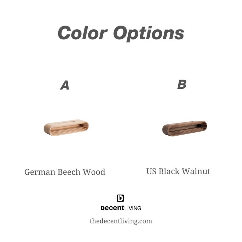 May include: Two wooden shelf brackets, one in a light wood tone labeled "A German Beech Wood" and the other in a darker wood tone labeled "B US Black Walnut".