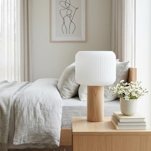 Handcrafted Wood Table Lamp, 3D Printed Shade, Home Decor Wood Table Lamp, Bedside Nightstand Table Light, desk lamp - Fluted Waves