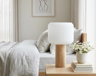 Handcrafted Wood Table Lamp, 3D Printed Shade, Home Decor Wood Table Lamp, Bedside Nightstand Table Light, desk lamp - Fluted Waves