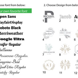 May include: A graphic showing font options and design choices for a personalized gift. The font options include Open Sans, PlayfairDisplay, Roboto Black, Merriweather, Google Ultra, Nosifer-Regular, Itallianno, Parisienne-Regular, Tangerine-Bold, Great Vibes-Regular, and Satisfy-Regular. The design options include a monogram with the name Michael, the name Jacob, the name Anne, a floral design with the names Amelia and Robert, a floral design with the names Emily and David, a floral design with the names Anna and Jacob, a floral design with the names Anna and Jacob, a floral design with the names Anna and Daniel, a floral design with the initials AJ, a floral design with the initials AJ, and a floral design with the initials AJ.