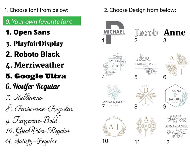 May include: A graphic showing font options and design choices for a personalized gift. The font options include Open Sans, PlayfairDisplay, Roboto Black, Merriweather, Google Ultra, Nosifer-Regular, Itallianno, Parisienne-Regular, Tangerine-Bold, Great Vibes-Regular, and Satisfy-Regular. The design options include a monogram with the name Michael, the name Jacob, the name Anne, a floral design with the names Amelia and Robert, a floral design with the names Emily and David, a floral design with the names Anna and Jacob, a floral design with the names Anna and Jacob, a floral design with the names Anna and Daniel, a floral design with the initials AJ, a floral design with the initials AJ, and a floral design with the initials AJ.